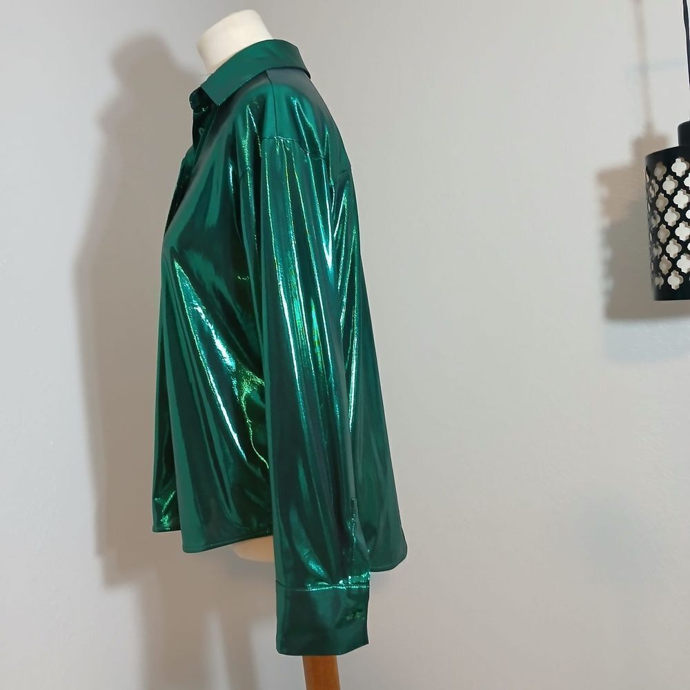 Anthropologie Gillian Liquid Shine Green Long Sleeve Button Down Shirt Size S - Picture 3 of 12